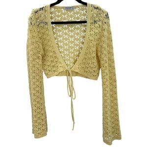Stradivarius Y2K Butter Yellow Crochet Knit Tie Front Crop Cardigan Sweater Sz S